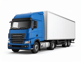 Blue Semi-Truck with White Trailer on White Background - Commercial Freight & Logistics