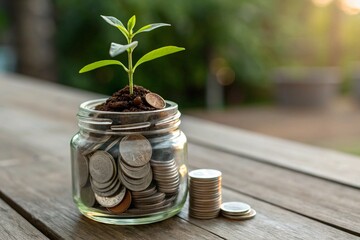 A jar filled with coins and a plant growing out of it