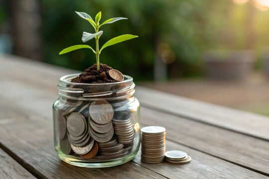 A jar filled with coins and a plant growing out of it