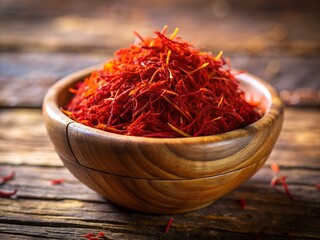 Fototapeta premium Aromatic saffron threads are piled high in a wooden bowl, showcasing their vibrant red color and delicate texture on a rustic wooden table