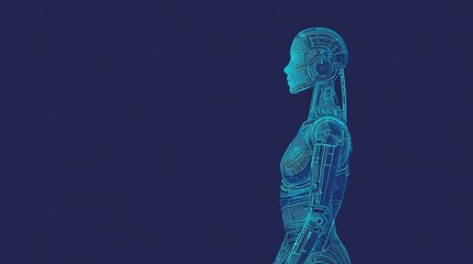 Side view of a digital wireframe robot figure.