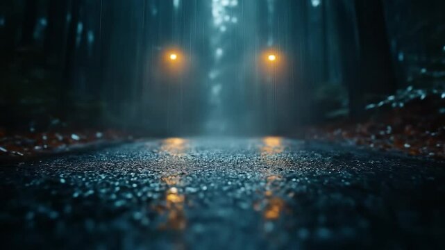 Headlights in the Gloom: A pair of illuminated headlights pierce through a dark and misty road in a deep forest, revealing a path ahead in the cool twilight.