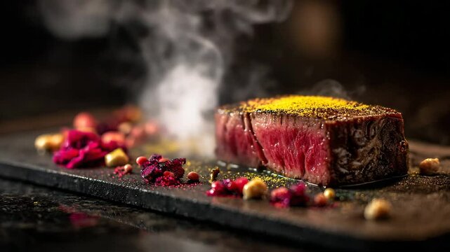 Close up of a sliced steak on a dark slate plate, steaming, garnished with red and yellow spices. Dark background.