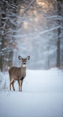 Winter Forest Scene with a Deer in the Snow
