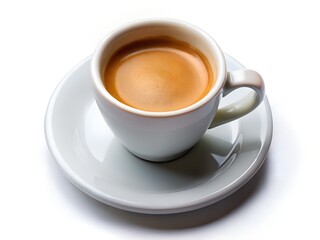 Fototapeta premium A cup of strong espresso isolated on white background sits on a clean white saucer, ready to be enjoyed as a morning pickmeup