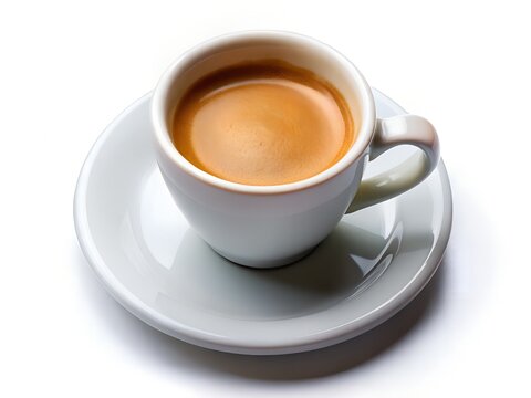 A cup of strong espresso isolated on white background sits on a clean white saucer, ready to be enjoyed as a morning pickmeup