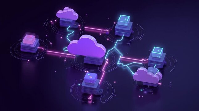 Cloud data orchestration integration. Animated transition showcasing cloud modules connection in a digital design.