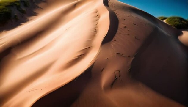 Cinematic aerial drifts over golden sand dunes continually reshaped by warm summer wind, revealing hypnotic ripples and organic desert patterns.