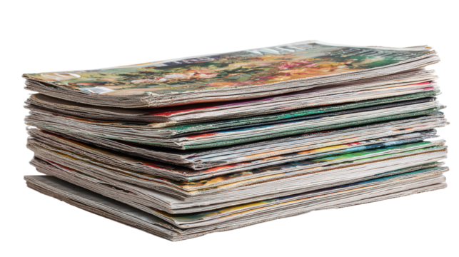 Bundle of used magazines background isolated on a Transparent background, PNG file.