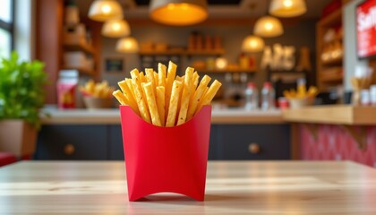 Red Cardboard Box of French Fries on Wooden Table in Restaurant Potatoes