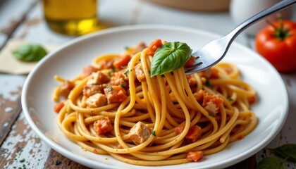 Spaghetti with Tofu Carrot and Tomato Sauce Basil garnish on a fork Pasta