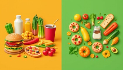 Comparison of unhealthy and healthy food choices burger pizza fries versus fruits vegetables and yogurt