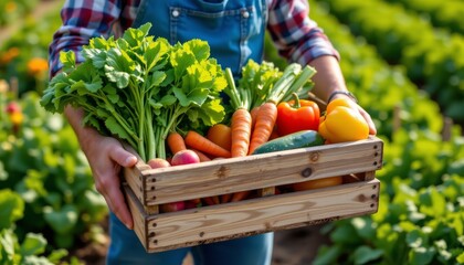 Farmer holding a wooden crate of fresh harvested vegetables carrots peppers zucchini and leafy greens