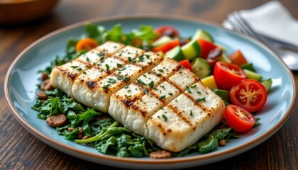 Grilled fish fillet with spinach vegetable salad and herbs healthy food