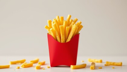 Red Carton of French Fries Golden Yellow Potato Fries Some Fries Scattered on White Surface