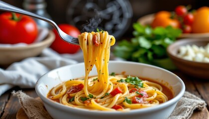 Close up of a fork lifting spaghetti with tomato sauce bowl of pasta with tomatoes and herbs on wooden table