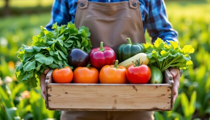 Farmer holding wooden crate of fresh vegetables tomatoes peppers zucchini eggplant and leafy greens