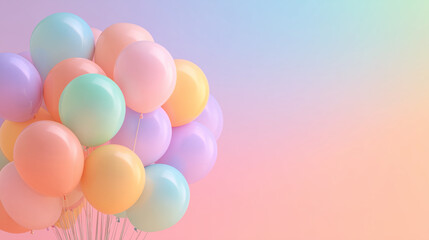 Pastel balloons on a soft pink gradient ideal for celebrations, birthdays, parties, gender reveal concepts or festive occasions for invitations.