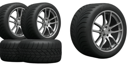 Illustration Of Stacked Black Car Tires And Silver Rims Isolated Background