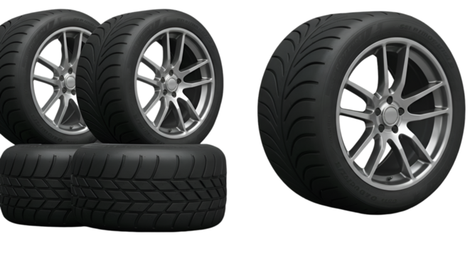 Illustration Of Stacked Black Car Tires And Silver Rims Isolated Background