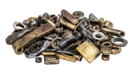 Collection of mixed metal scrap background isolated on a Transparent background, PNG file.