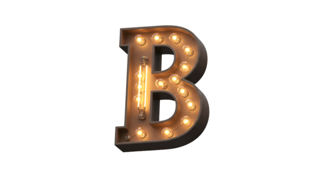 Isolated Glowing Marquee Letter B on Black Transparent Background - Powered by Adobe