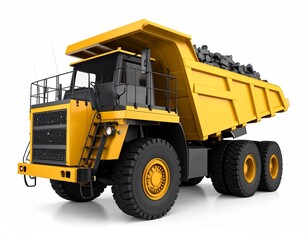 Loaded Yellow Mining Dump Truck with Rocks on White Background - Heavy Duty Haulage