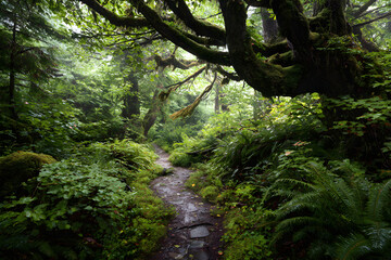 Serene Pathway Through a Verdant, Mist-Kissed Forest Where Nature Thrives in Lush Splendor, Inviting Calm Reflection