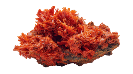 Crocoite vivid orange mineral lump background isolated on a Transparent background, PNG file.