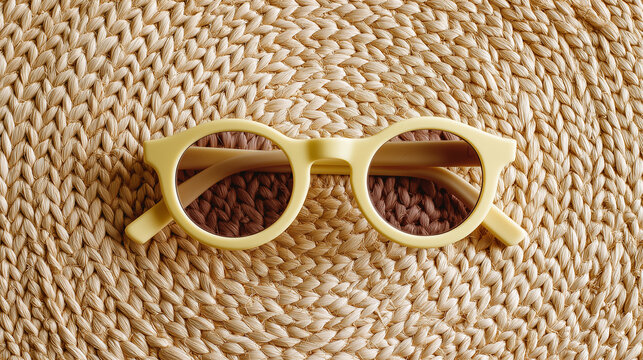 Rounded pastel yellow sunglasses with tinted lenses lie flat on a textured natural woven straw mat, evoking summer, relaxation, and vacation vibes