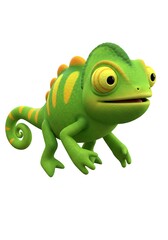 Fototapeta premium Playful 3D Cartoon Chameleon: Vibrant Green and Yellow, Isolated on White.