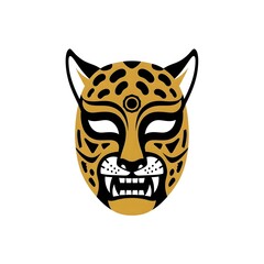 vector style illustration of a black and gold Mexican wrestling mask made to look like a cheetah, leopard,  lucha art, wildcat mask, vector artwork, wrestling illustration, luchador design, fierce