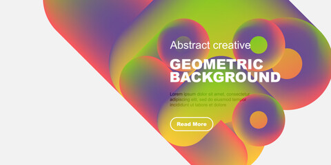 Vibrant abstract shapes dominate design. Gradient colors blend, creating dynamic visual impact. Text promotes geometric background concept.