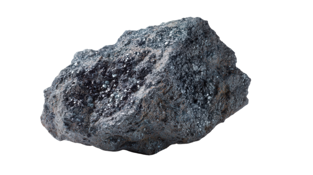 Dolerite dark gray mineral lump background isolated on a Transparent background, PNG file.