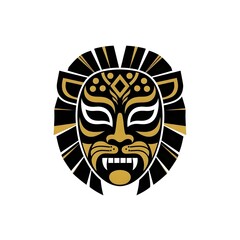 vector style illustration of a black and gold Mexican wrestling mask made to look like a lion, king of the jungle, lion head, stylized lion, graphic illustration, jungle animal, lucha libre