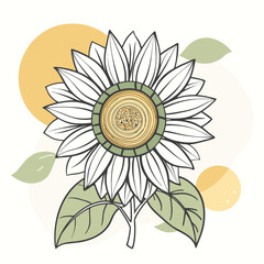 Line Drawing of a Sunflower with Leaves