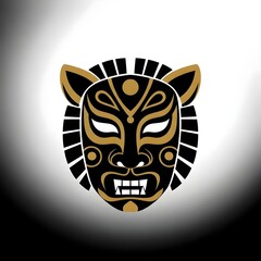 vector style illustration of a black and gold Mexican wrestling mask made to look like a lion, king of the jungle, lion head, stylized lion, graphic illustration, jungle animal, lucha libre