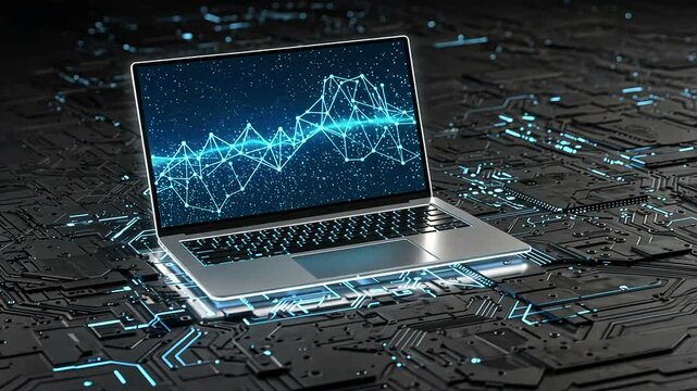 Laptop display shows futuristic interface