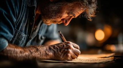 Senior Man Writing Letter with Fountain Pen: Nostalgia, Focus, and Artistry