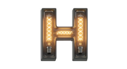 Isolated 3D Rendering Metal Letter H with Glowing Edison Bulbs on Transparent