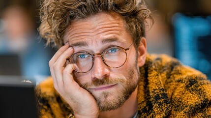 Smiling Man with Glasses, Relaxed Indoor Portrait, Positive Attitude