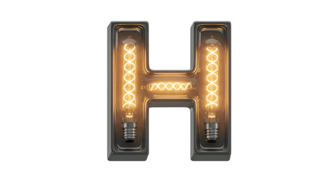 Isolated 3D Rendering Metal Letter H with Glowing Edison Bulbs on Transparent