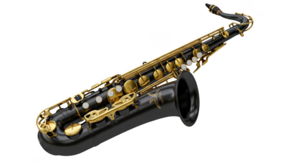 Isolated 3D Rendering of Black and Gold Shiny Saxophone Instrument