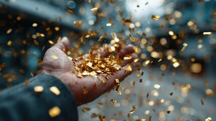 Hand Holding Golden Confetti, Celebration, Reward, Success