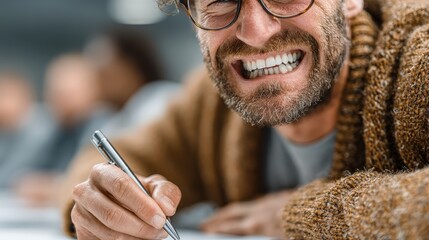 Close-up of Man Writing, Focused, Grinning, Determination