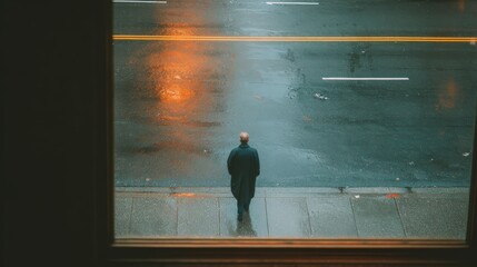 Solitary Man Standing on Sidewalk, Looking Out on Rainy Street