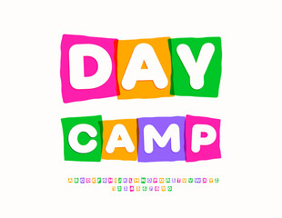 Vector Kids banner Day Camp. Colorful Block Font. Bright Children Alphabet Letters and, Numbers set.