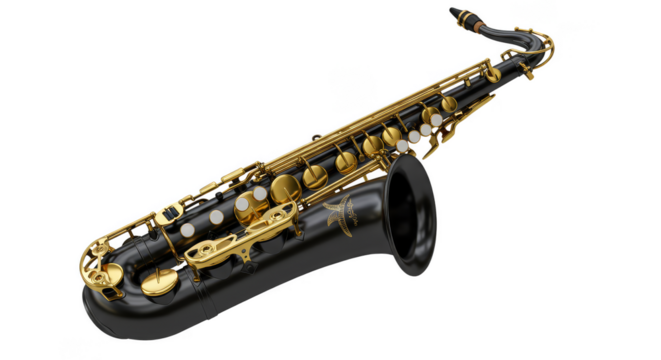 Isolated 3D Rendering of Black and Gold Shiny Saxophone Instrument
