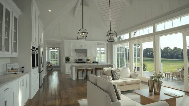 Open-concept living space with vaulted ceilings, hardwood floors, white kitchen, and expansive windows overlooking a tranquil outdoor scene