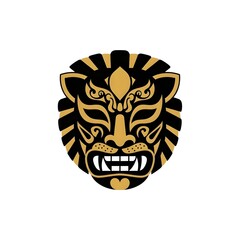 vector style illustration of a black and gold Mexican wrestling mask made to look like a lion, king of the jungle, lion head, stylized lion, graphic illustration, jungle animal, lucha libre